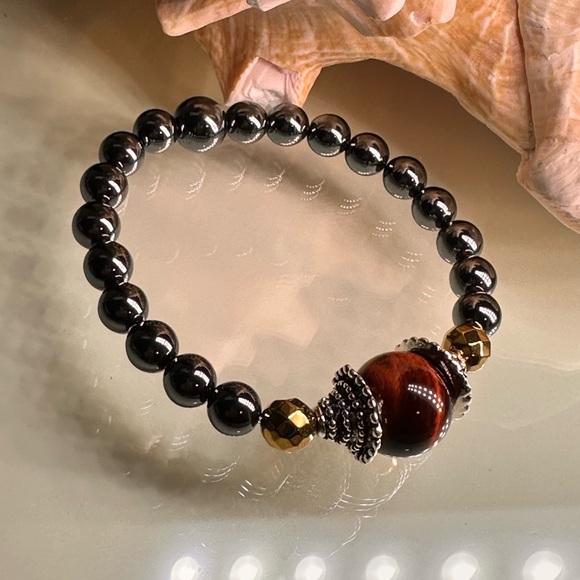 GUNPOWDER HEMATITE + TIGERS EYE NATURAL STONES BRACELET size 7” up to 7.5” - Picture 3 of 10